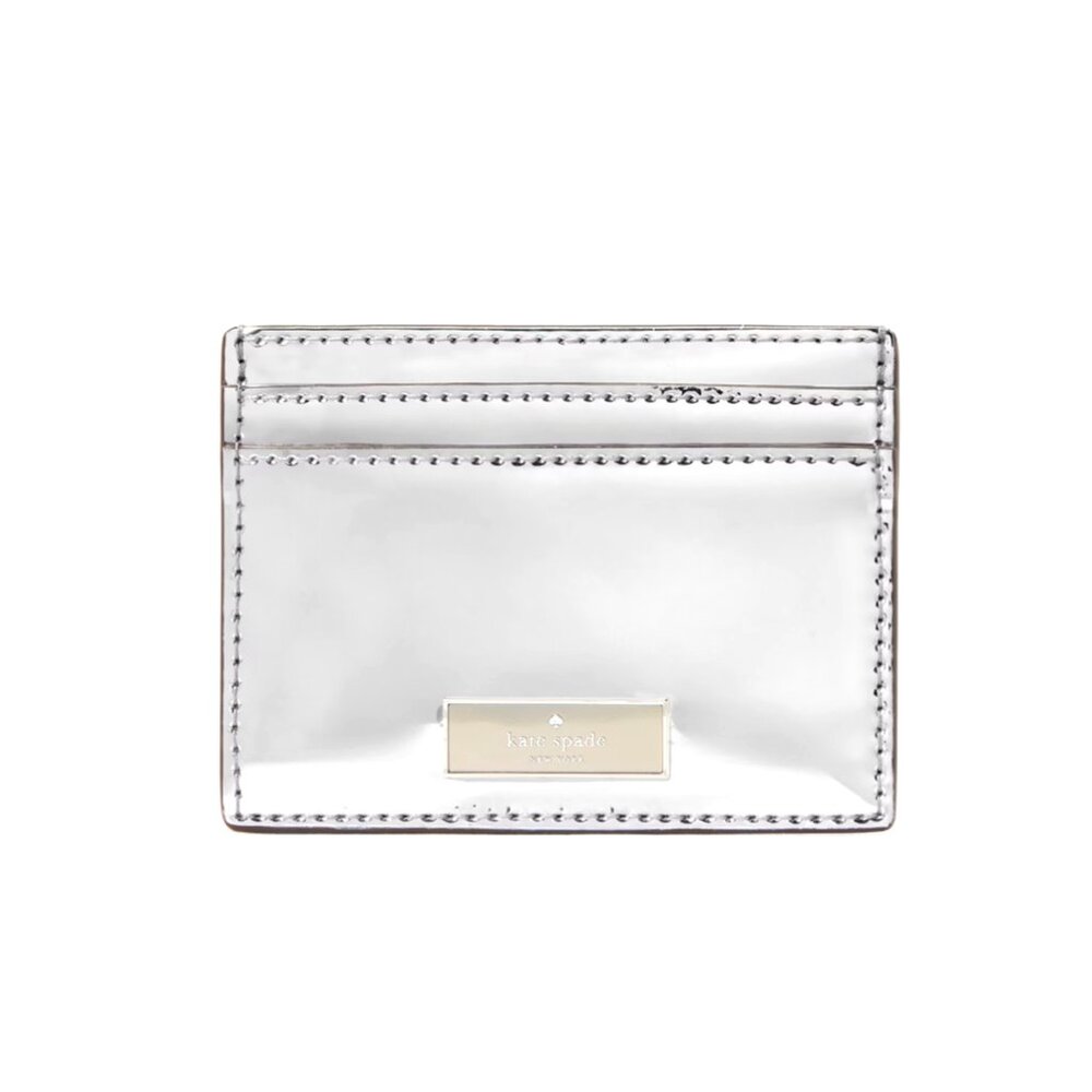 New Kate Spade Bridget Mirror Metallic Small Slim Card Holder Silver